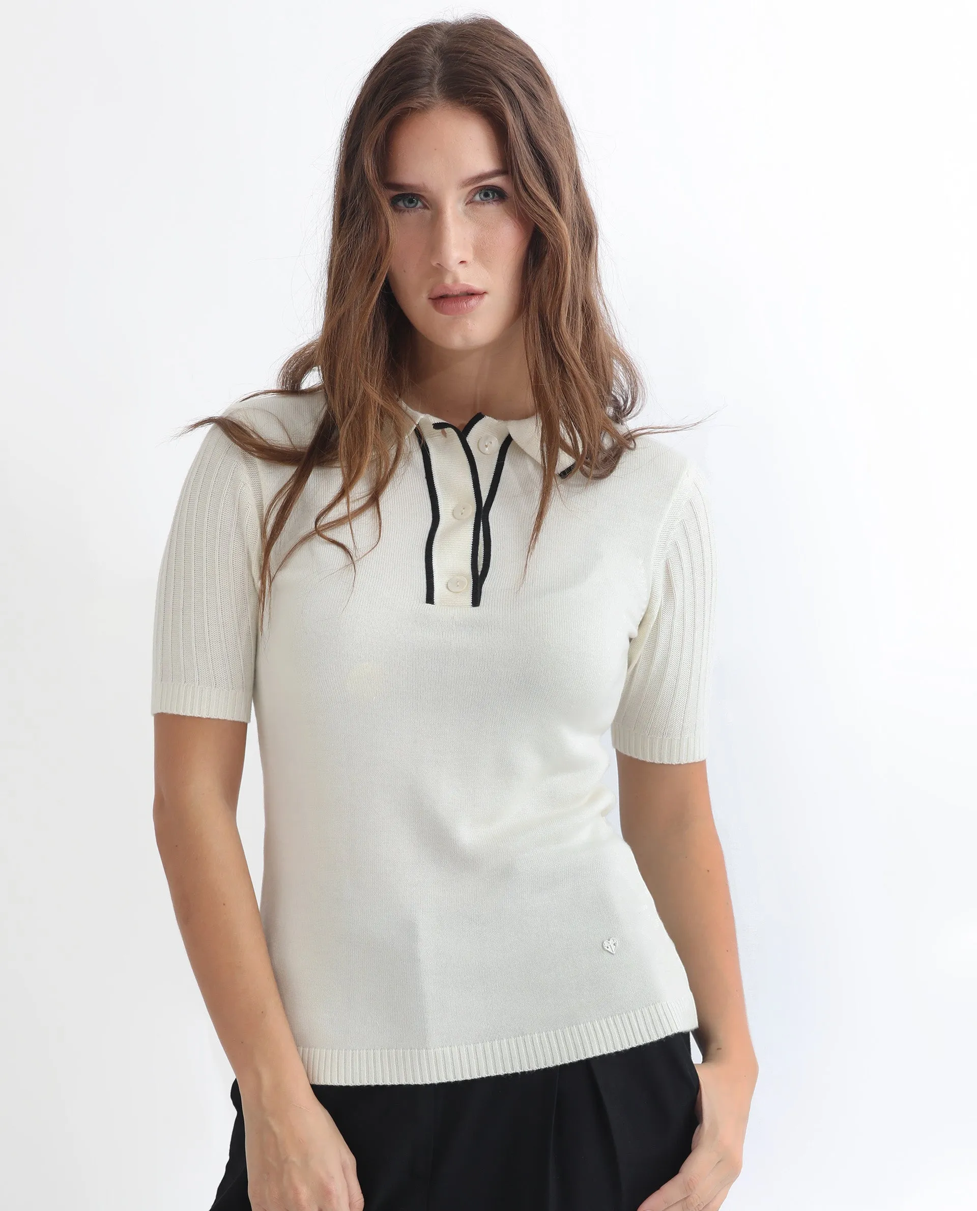 Rareism Women Knitup Off White  Half Sleeves Regular Fit Solid Shirt Collar Sweater