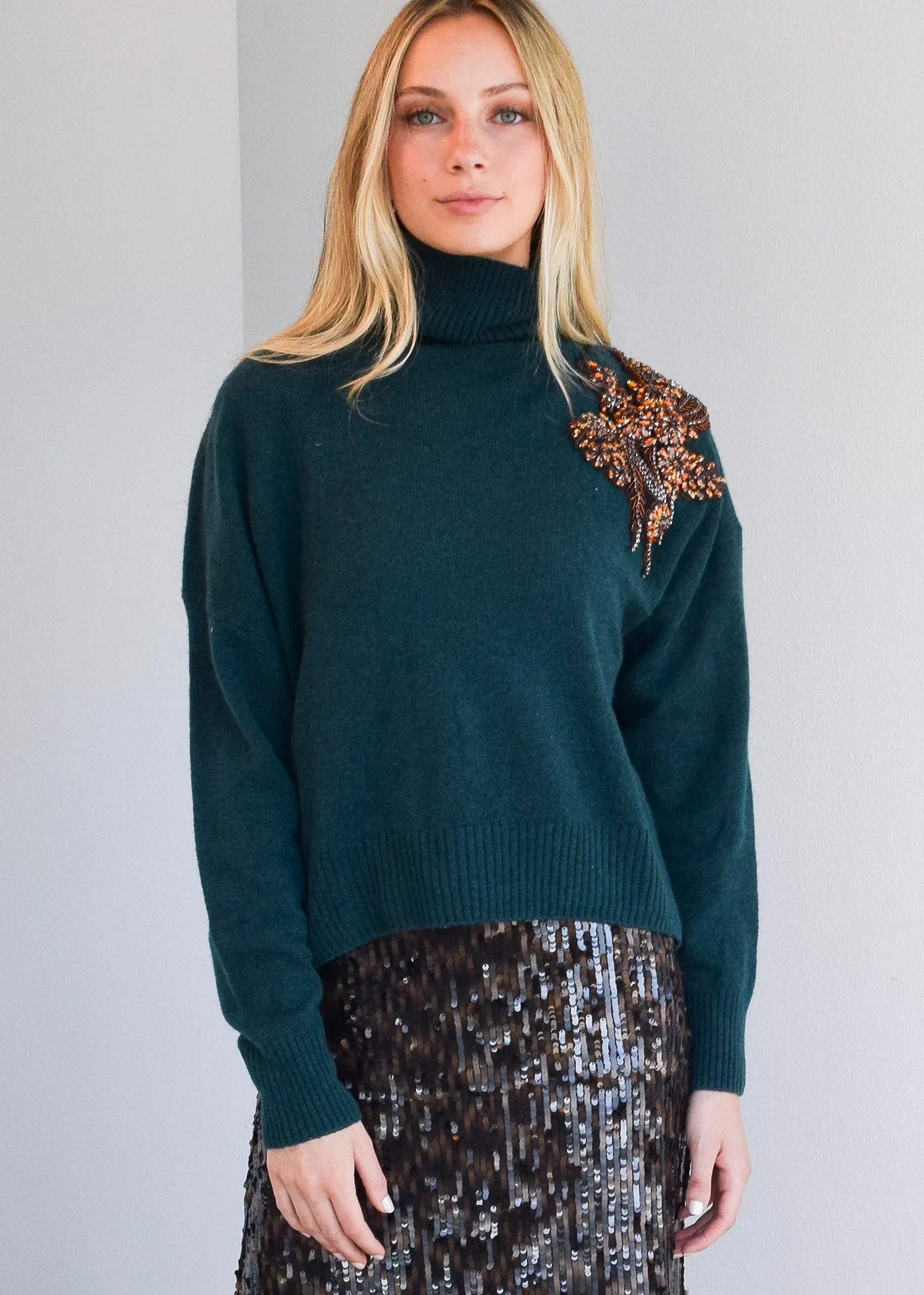 Relaxed Long Sleeve Turtleneck Teal with Bronze Collar