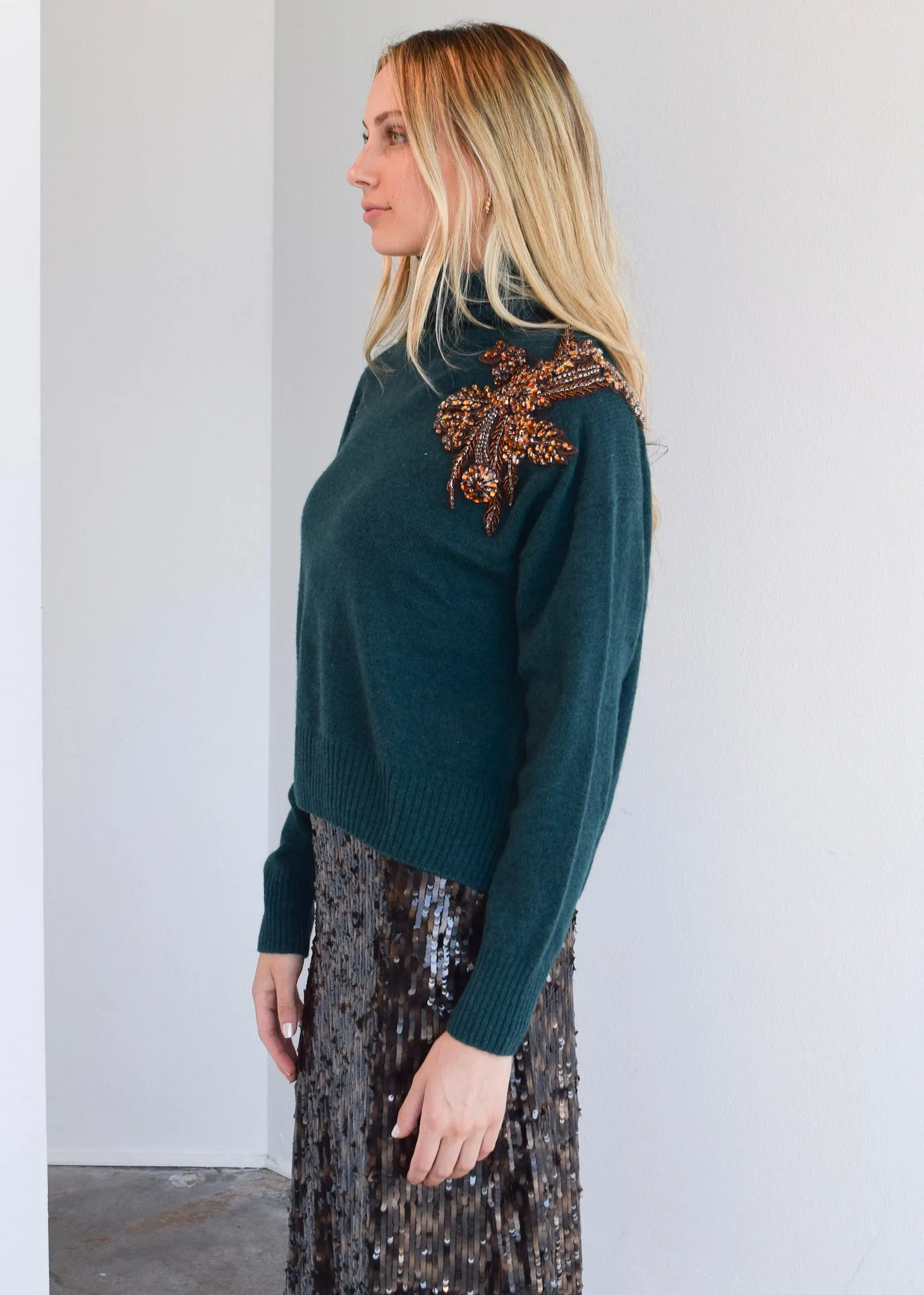 Relaxed Long Sleeve Turtleneck Teal with Bronze Collar