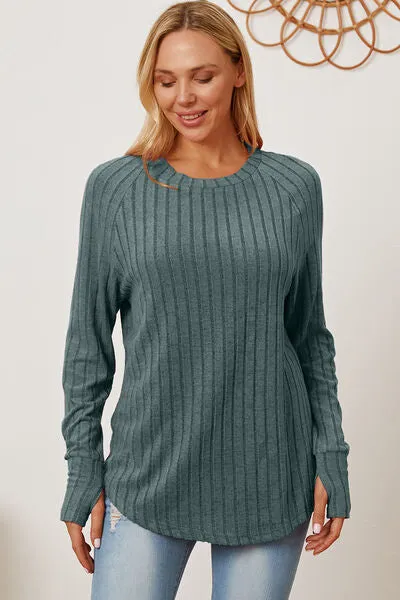 Ribbed Thumbhole Sleeve Lightweight Sweater in Various Colors