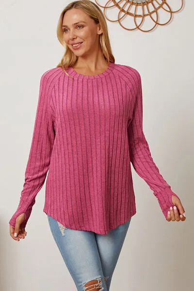 Ribbed Thumbhole Sleeve Lightweight Sweater in Various Colors