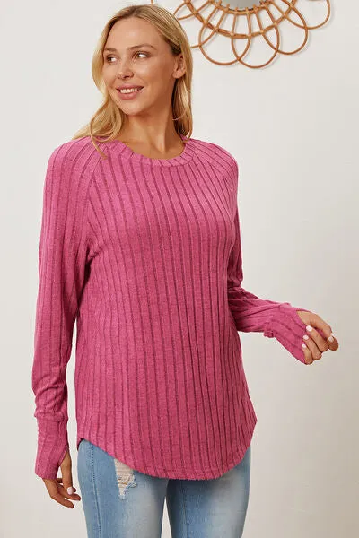 Ribbed Thumbhole Sleeve Lightweight Sweater in Various Colors