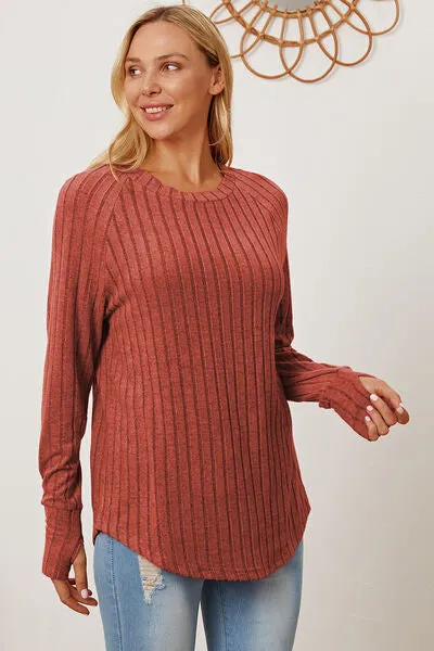 Ribbed Thumbhole Sleeve Lightweight Sweater in Various Colors