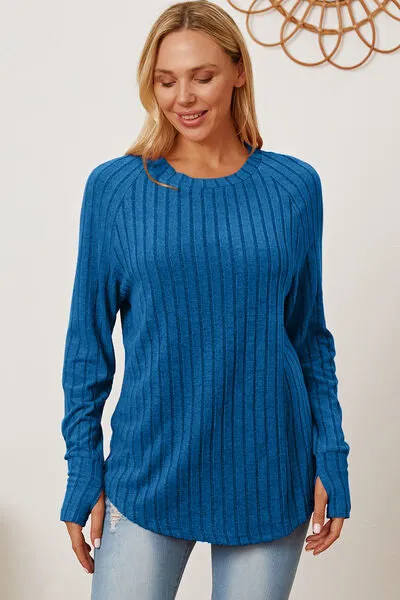 Ribbed Thumbhole Sleeve Lightweight Sweater in Various Colors