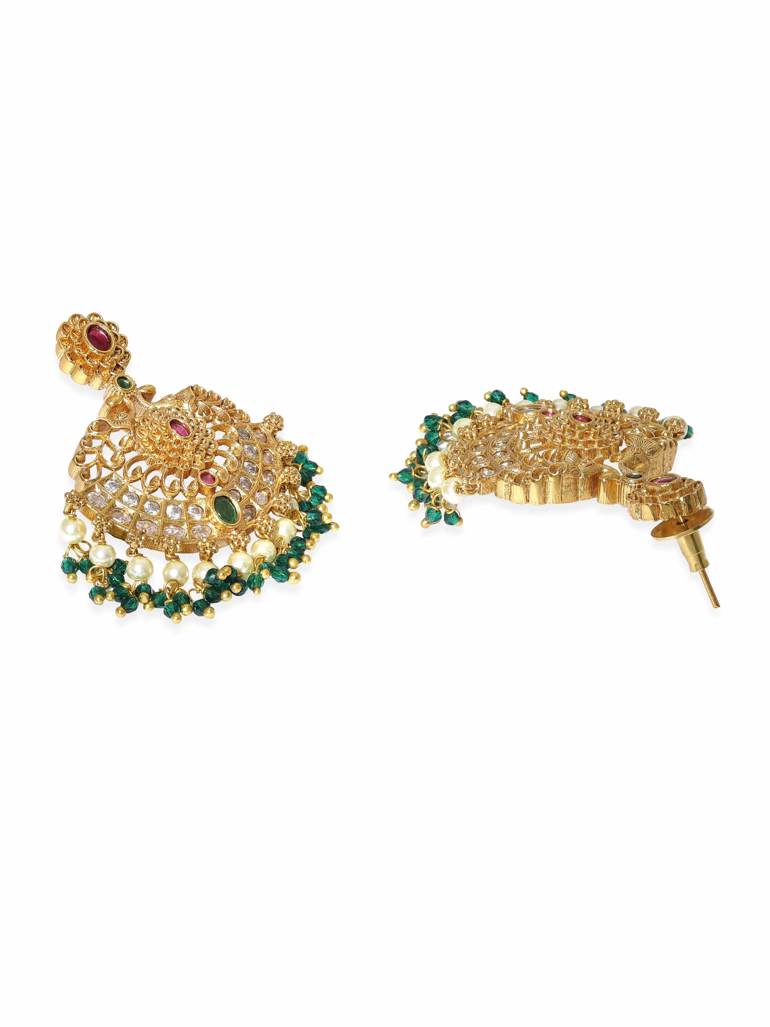 Rubans 22K Gold-Plated Peacock Motif Kemp & Zirconia Crystal Studded Pearl Beaded Handcrafted Necklace Set