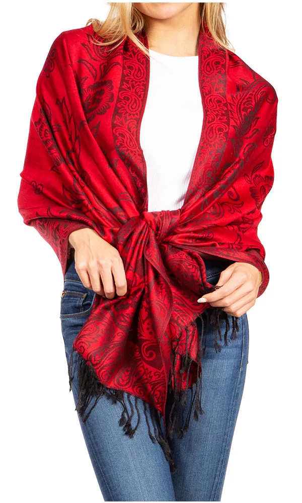 Sakkas Damari Women's Silky Soft Reversible Border Woven Pashmina Scarf Shawl Wrap