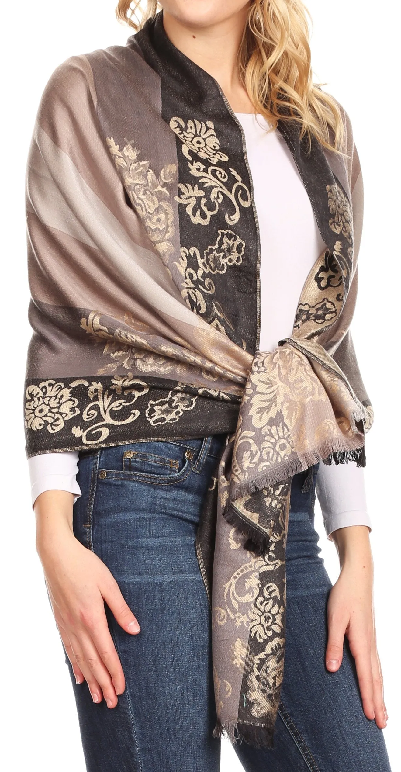 Sakkas Damari Women's Silky Soft Reversible Border Woven Pashmina Scarf Shawl Wrap