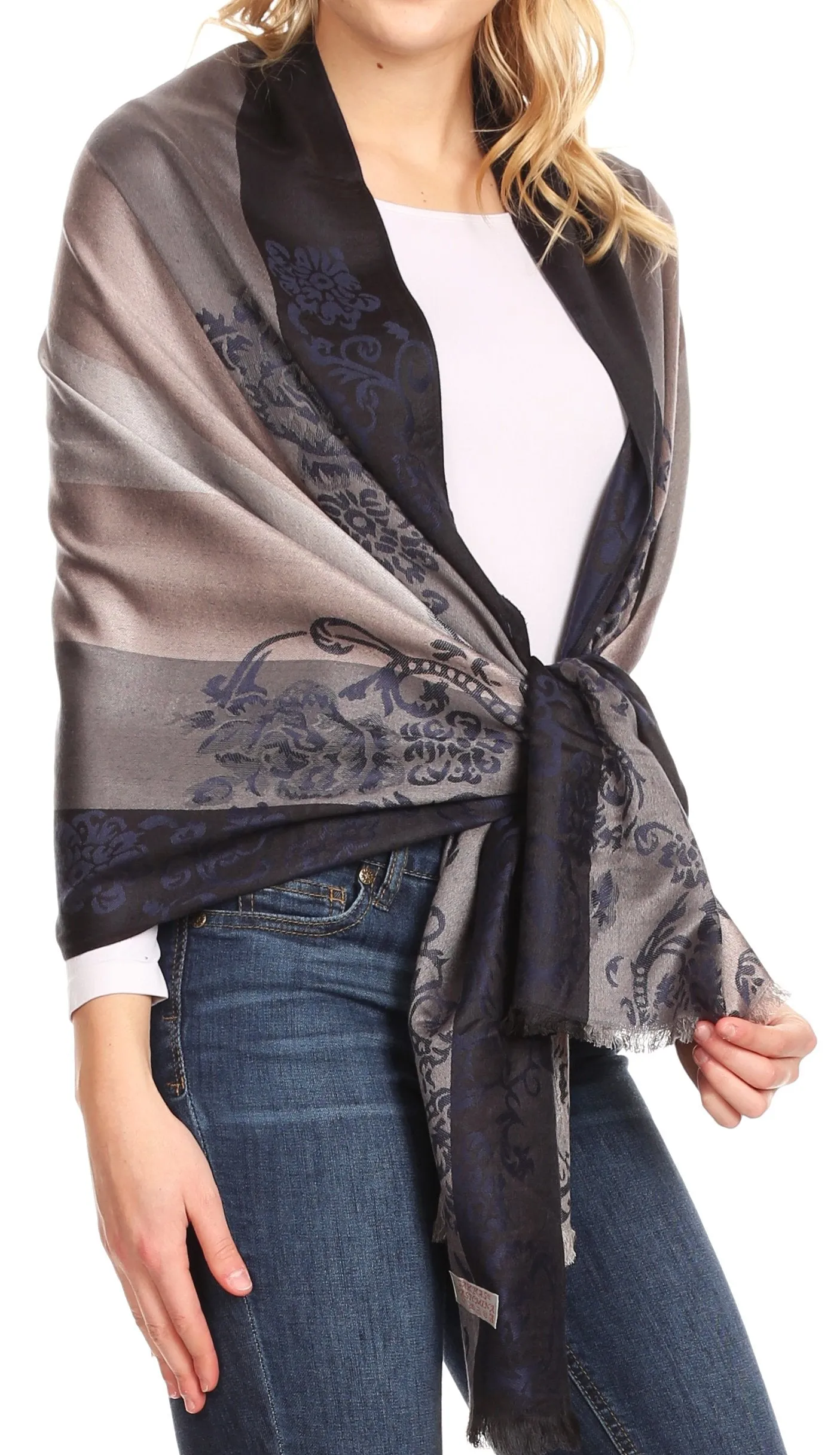 Sakkas Damari Women's Silky Soft Reversible Border Woven Pashmina Scarf Shawl Wrap