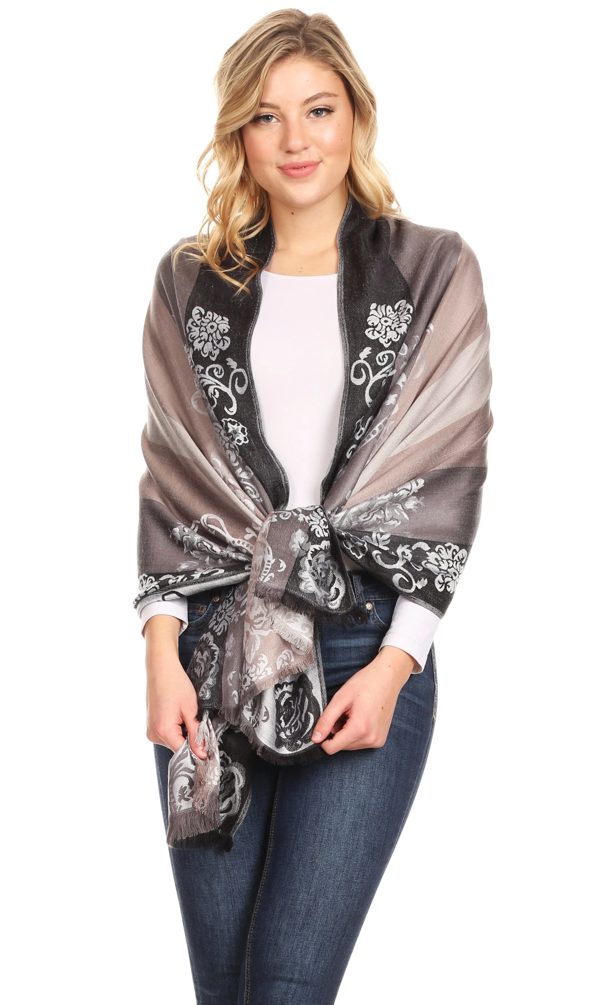 Sakkas Damari Women's Silky Soft Reversible Border Woven Pashmina Scarf Shawl Wrap