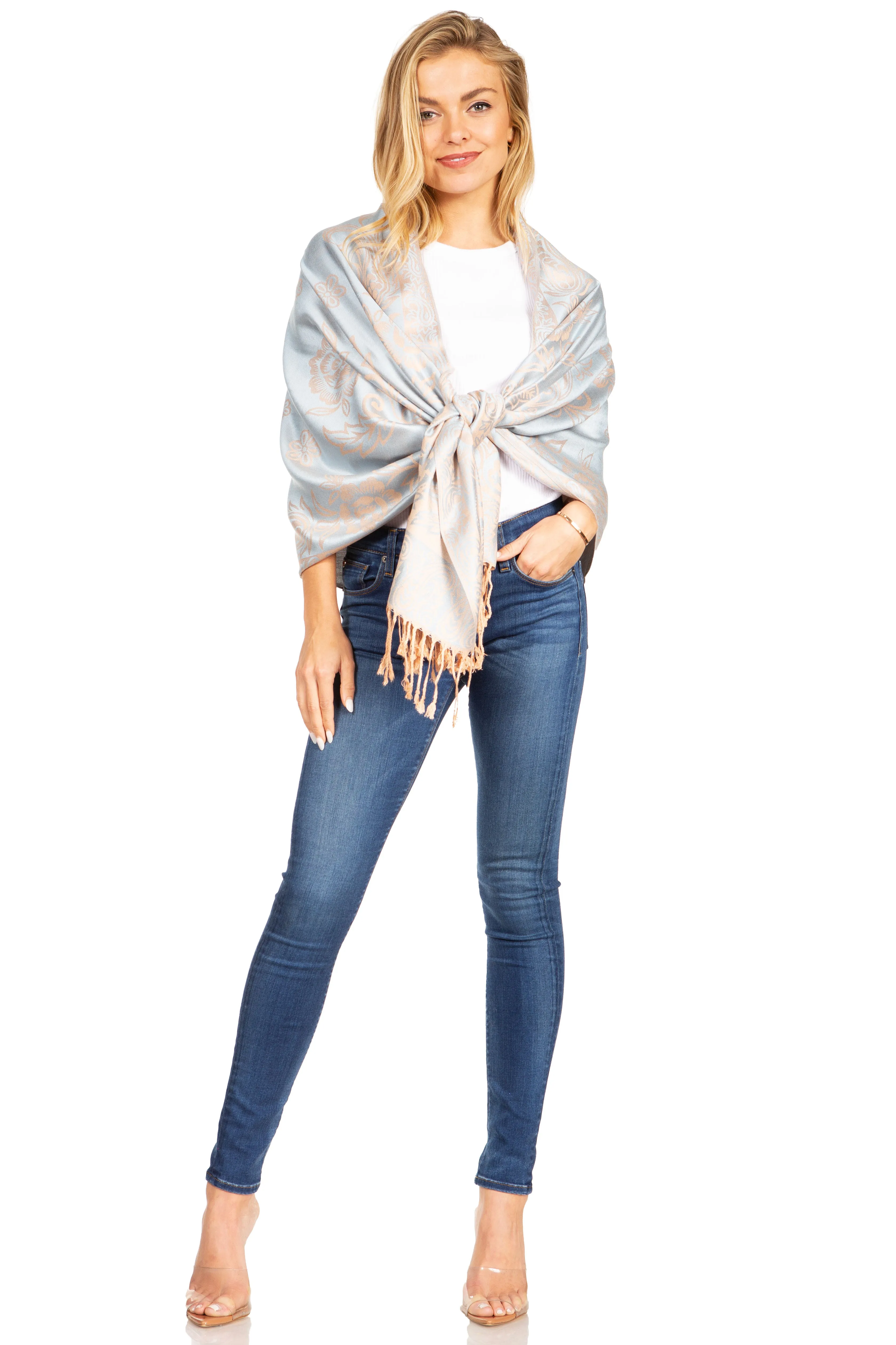 Sakkas Damari Women's Silky Soft Reversible Border Woven Pashmina Scarf Shawl Wrap