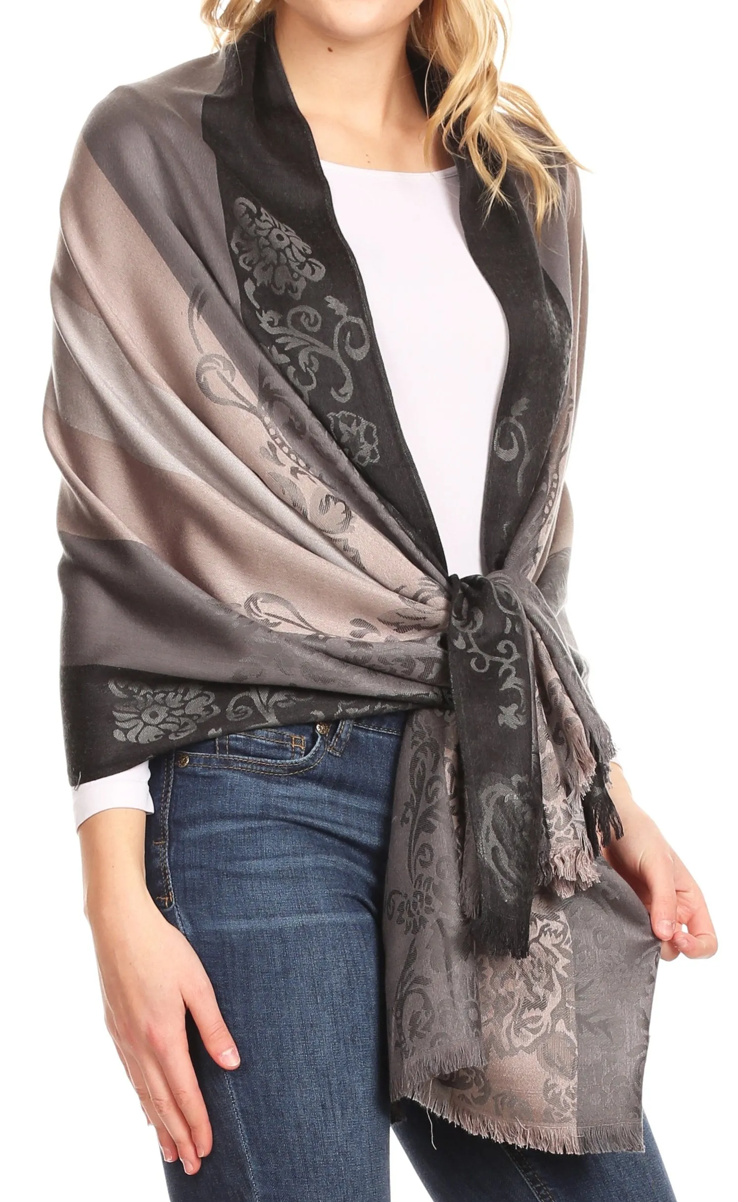 Sakkas Damari Women's Silky Soft Reversible Border Woven Pashmina Scarf Shawl Wrap