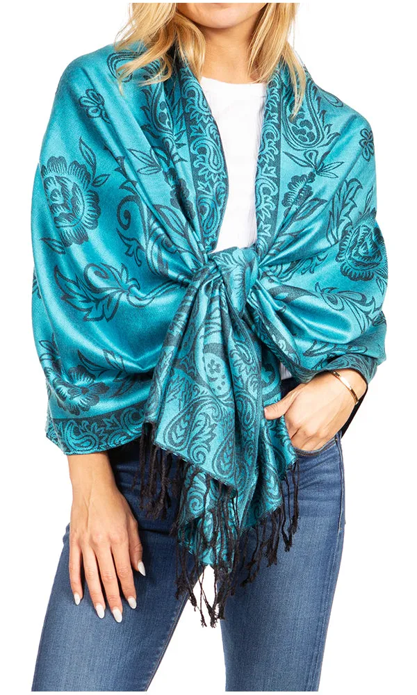 Sakkas Damari Women's Silky Soft Reversible Border Woven Pashmina Scarf Shawl Wrap