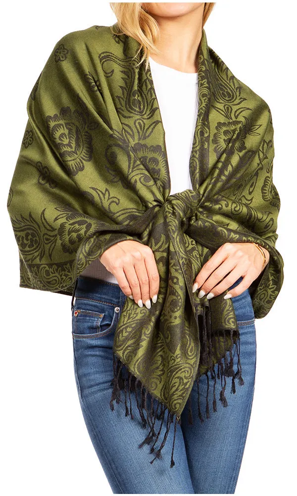 Sakkas Damari Women's Silky Soft Reversible Border Woven Pashmina Scarf Shawl Wrap