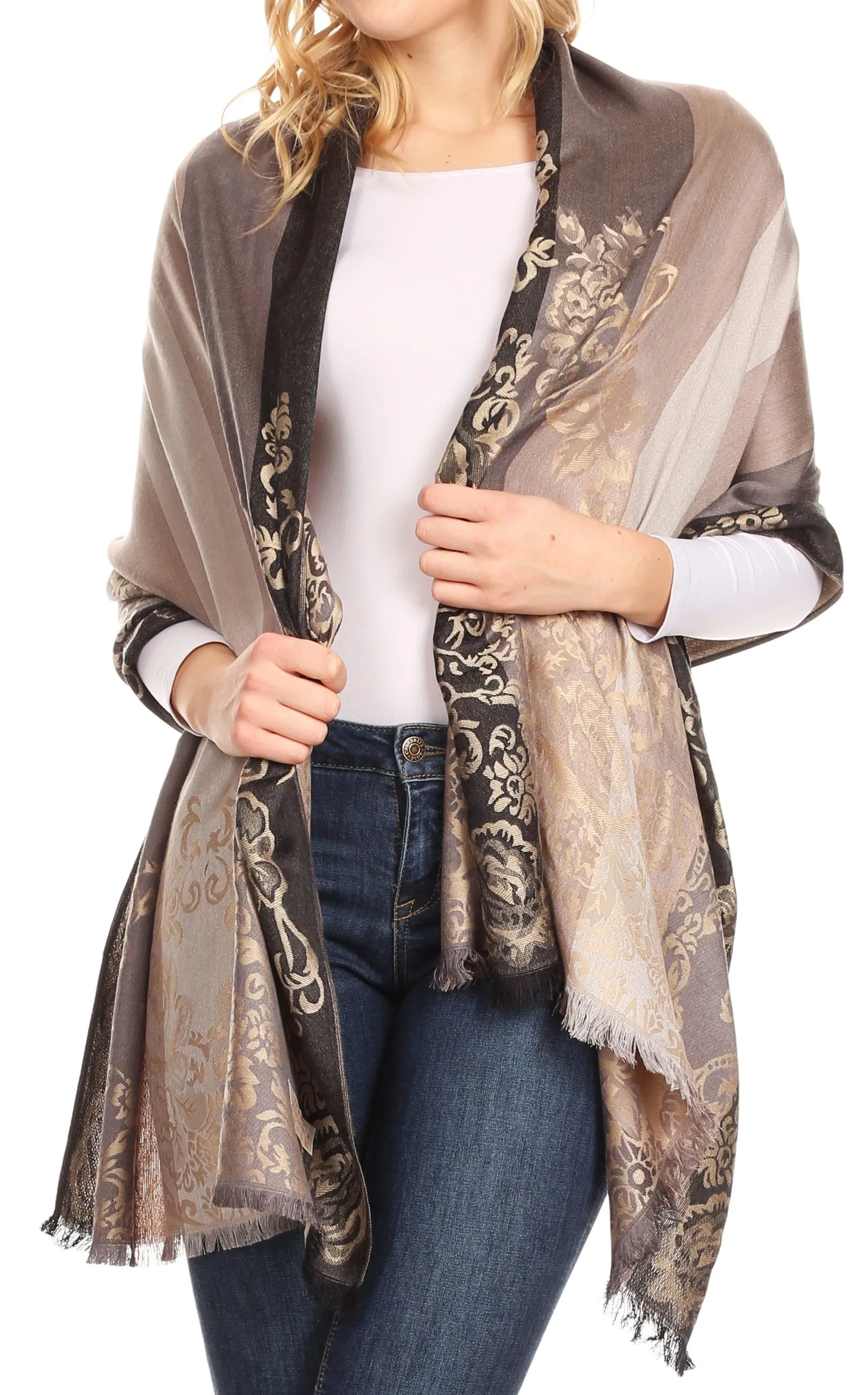 Sakkas Damari Women's Silky Soft Reversible Border Woven Pashmina Scarf Shawl Wrap