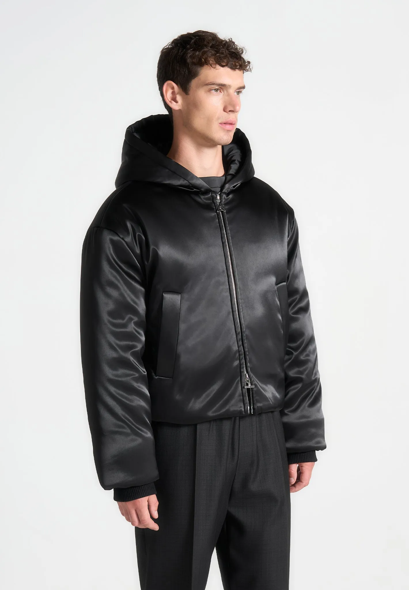 Satin Cropped Hooded Jacket - Black