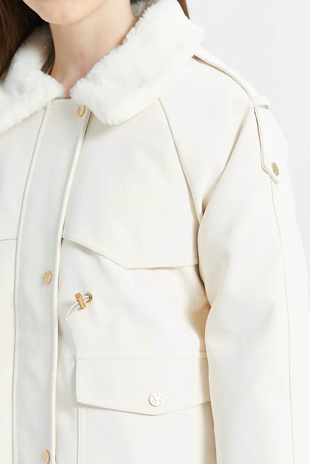 Senior Girls White Fur Collar Elasticated Waist Jacket