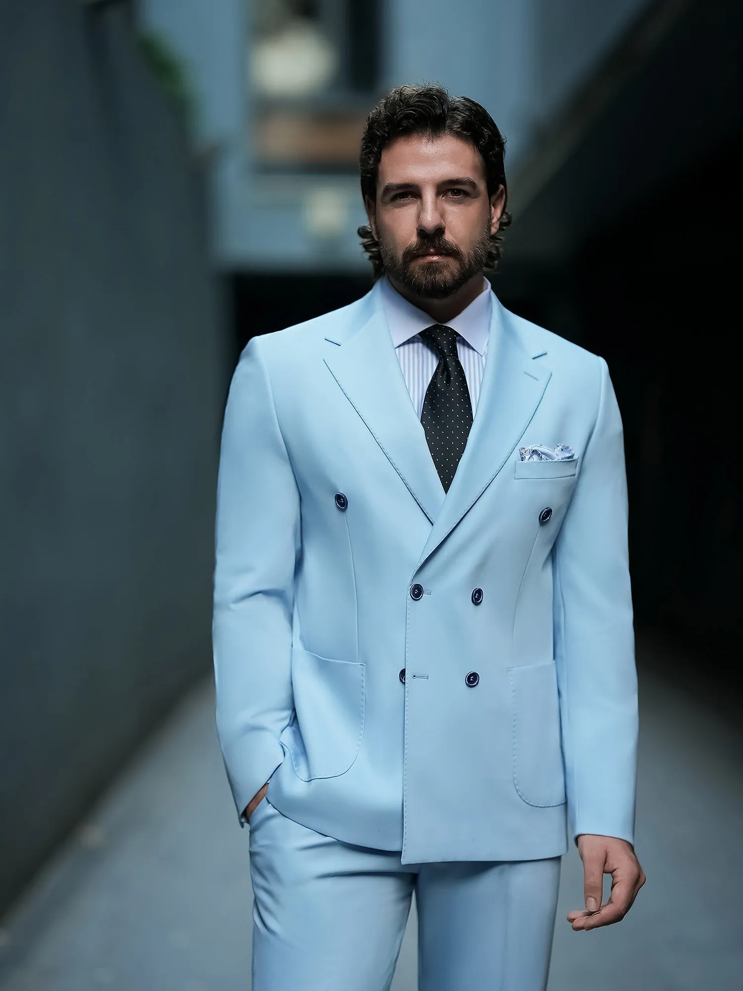 Sky-Blue Double Breasted Suit 2-Piece