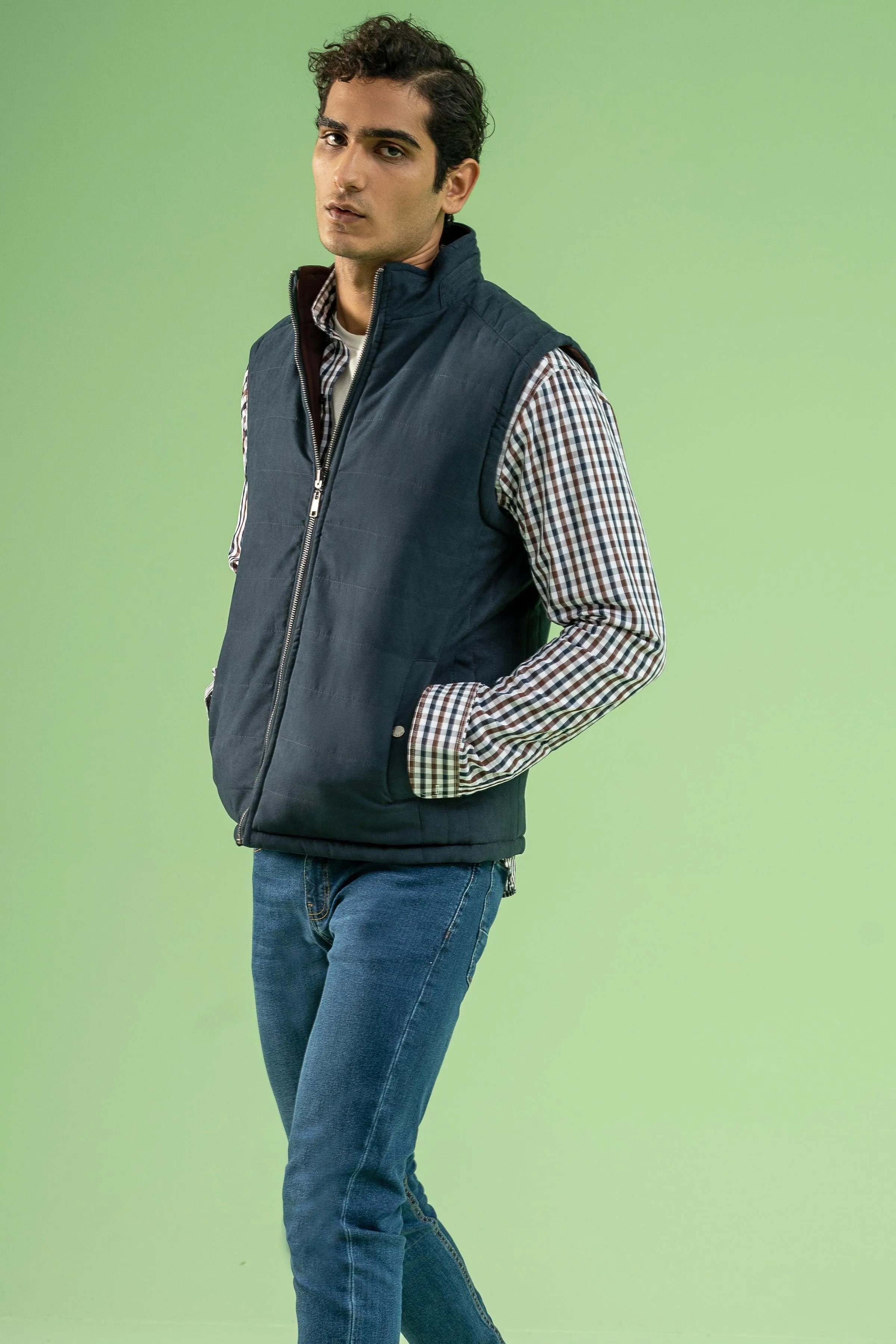 SLEEVELESS REVERSIBLE SUEDE JACKET NAVY