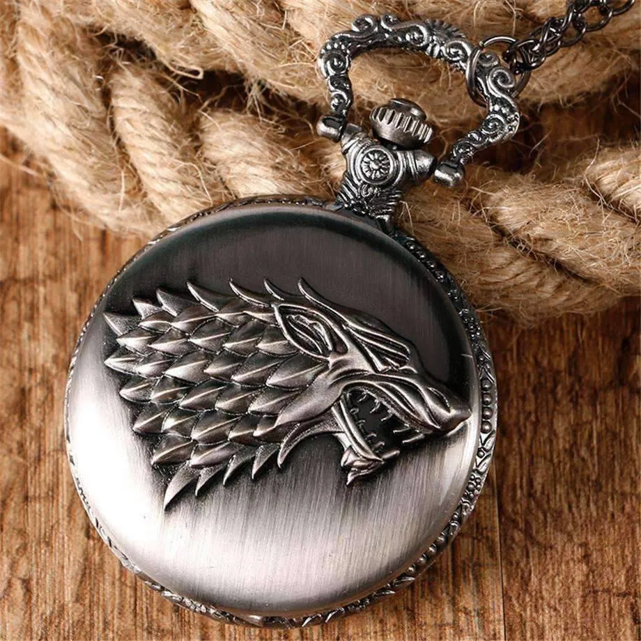 Stark Throne Wolf Embossed Bronze Pocket Watch - Silver or Bronze