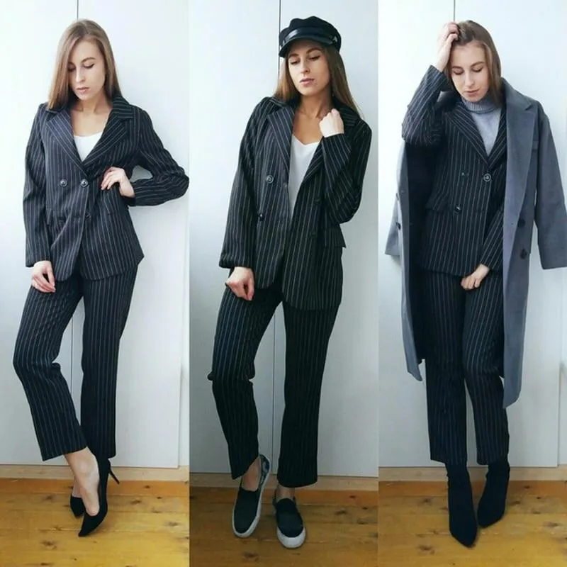 Striped Blazer Jacket & Zipper Trousers Suit Set