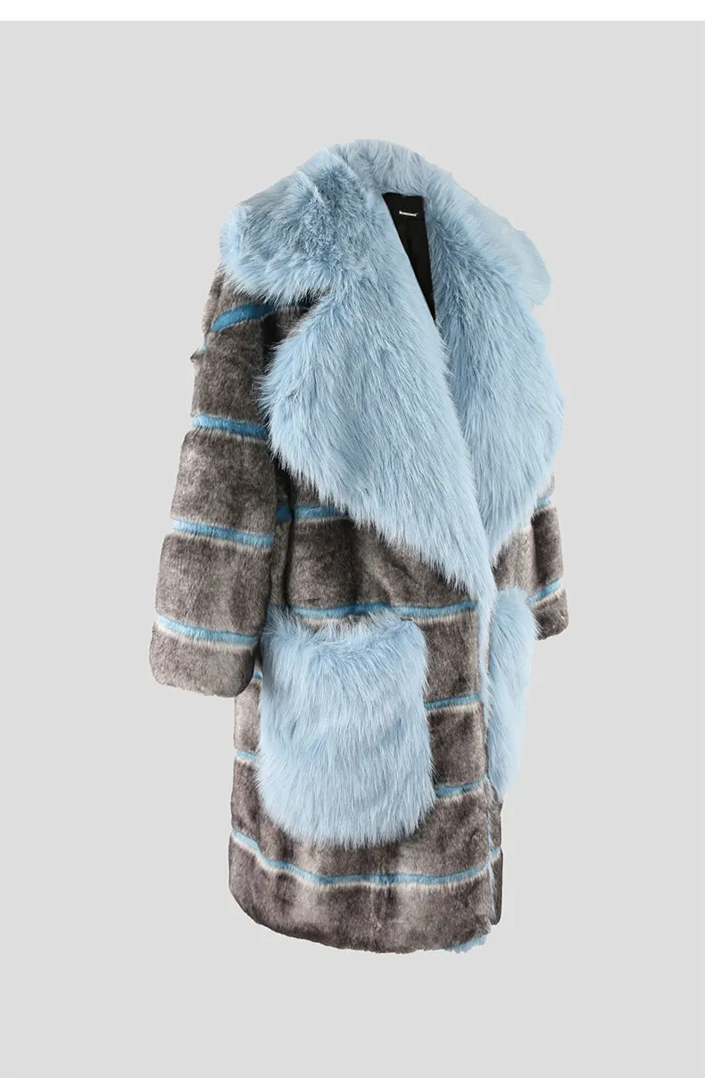 Striped Patchwork Faux Fur Lapel Collar Coat