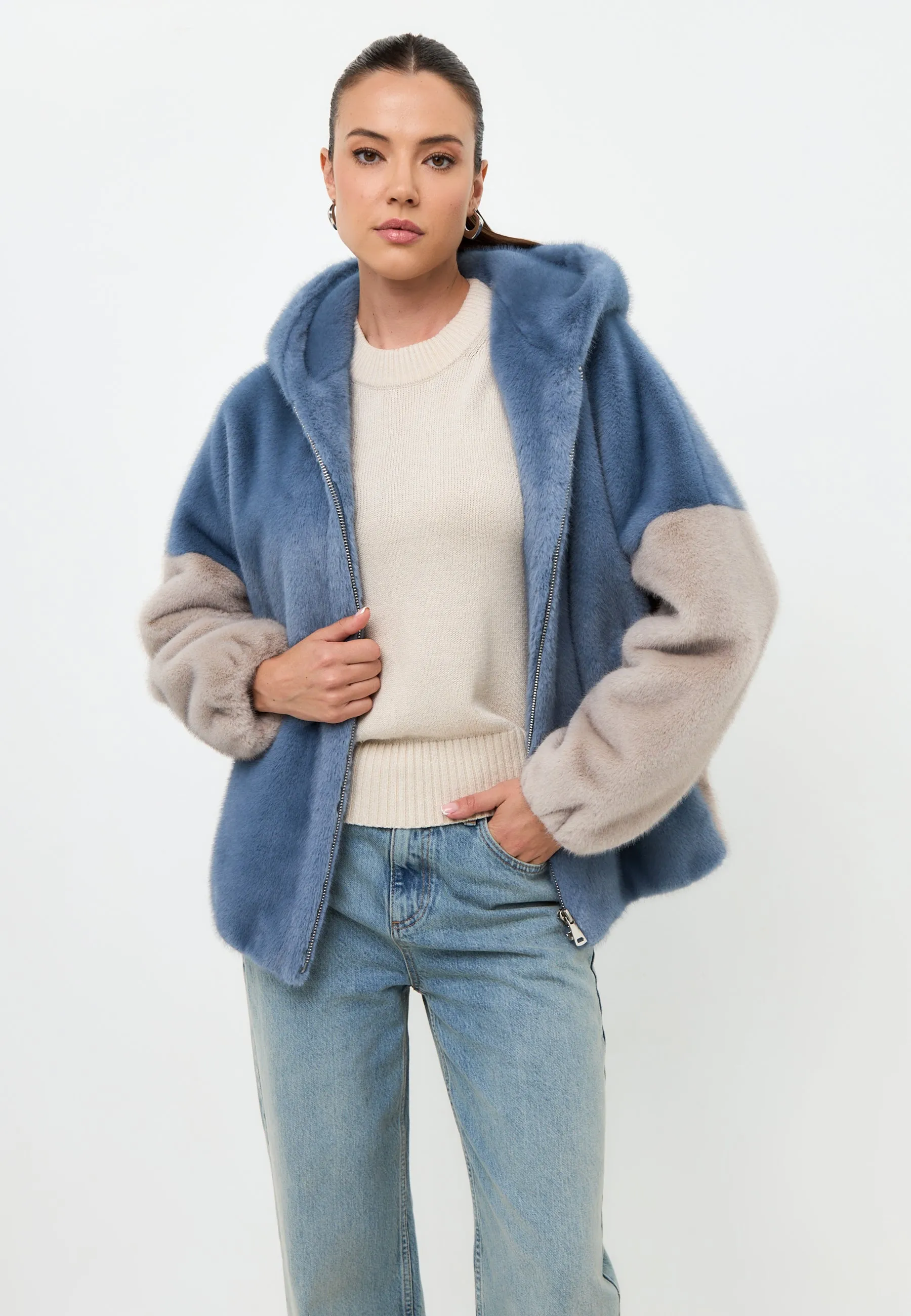 Stylish Hooded Faux Fur Jacket Reyna - Blue