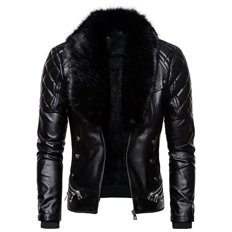 Stylish Men's Punk Detachable Fur Collar Rivet Pressed Cotton Thick Windproof Motorcycle Leather Coat Jacket Jacket Men