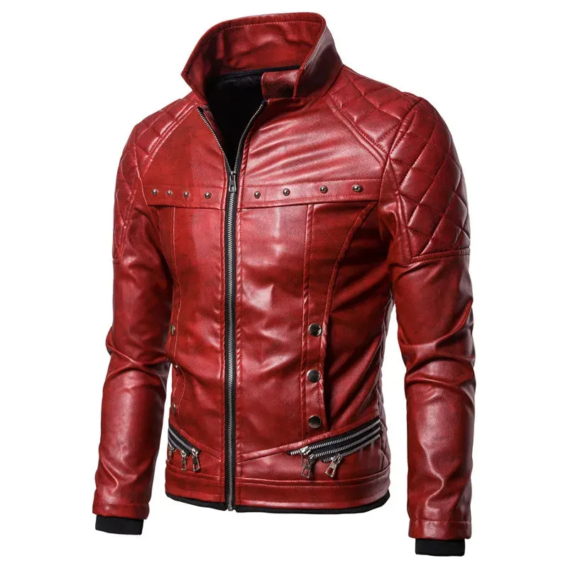 Stylish Men's Punk Detachable Fur Collar Rivet Pressed Cotton Thick Windproof Motorcycle Leather Coat Jacket Jacket Men