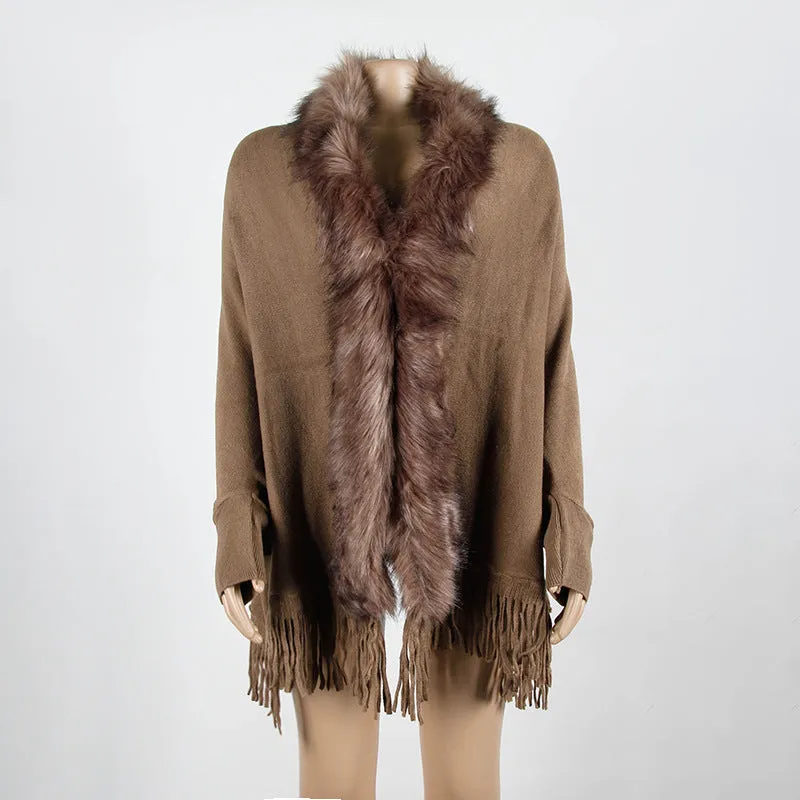 Tassel cloak shawl wool collar cloak solid color cardigan sweater