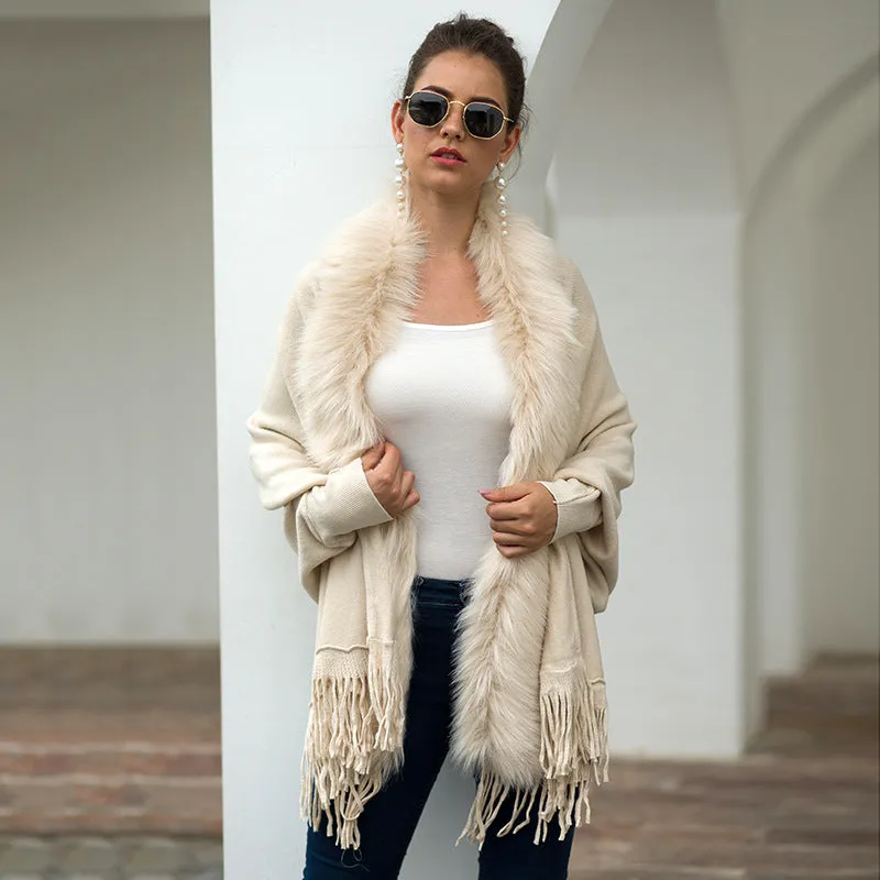 Tassel cloak shawl wool collar cloak solid color cardigan sweater