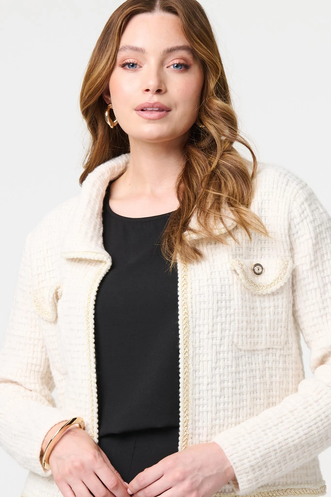 Textured Pocket Detail Crop Knit Jacket