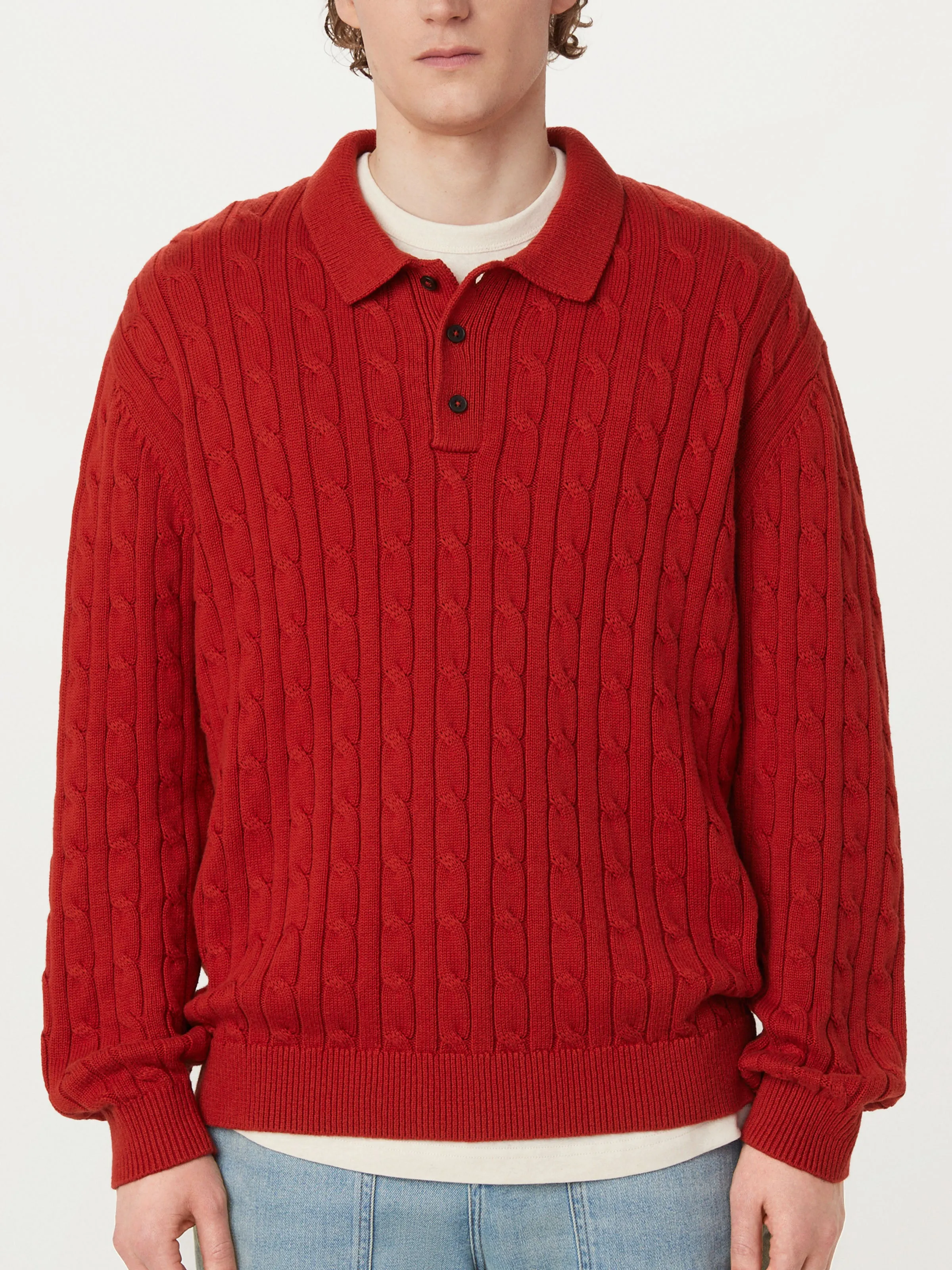 The Cable Knit Polo Sweater in Red