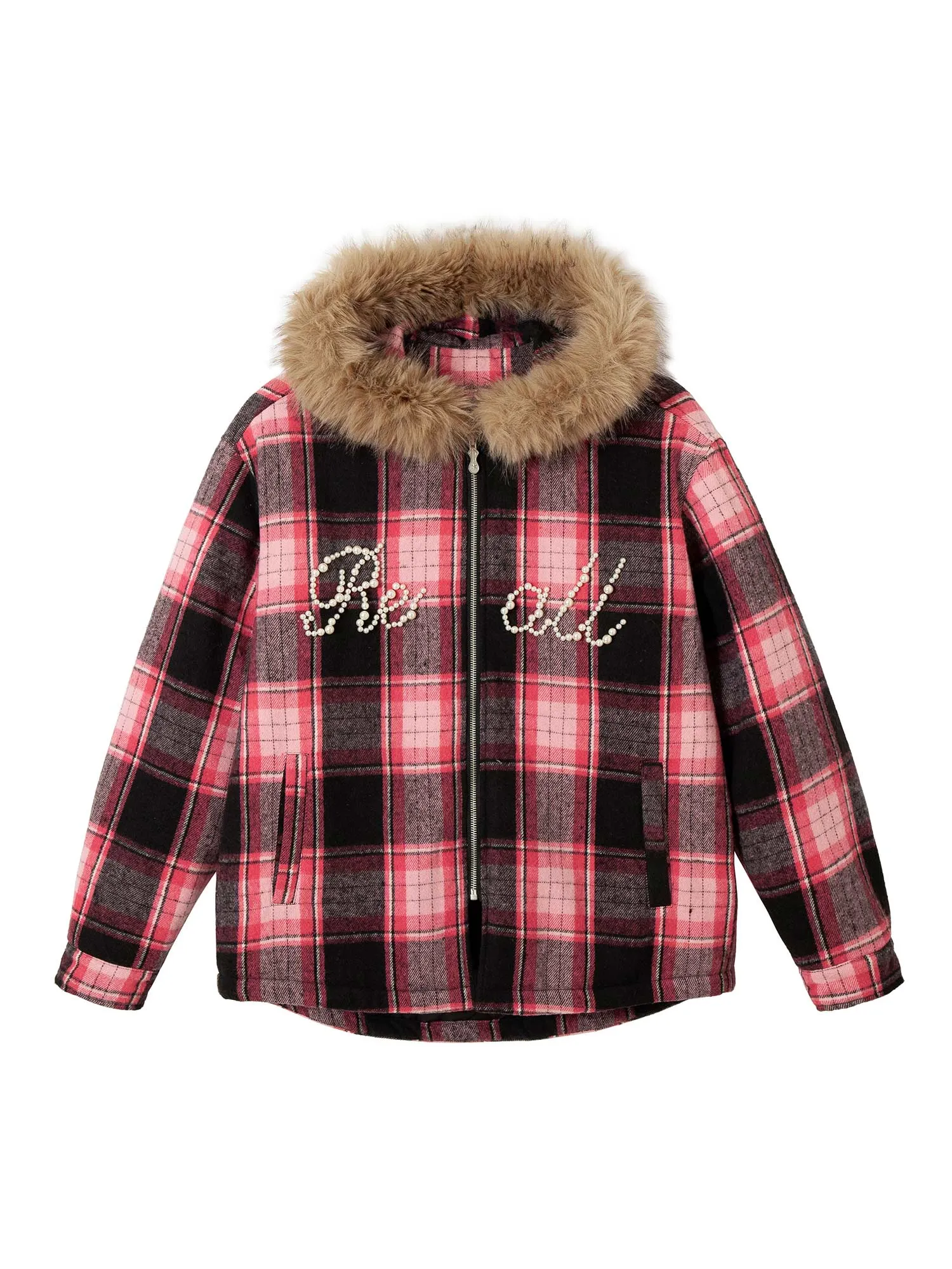 Thesupermade Beaded Fur Collar Padded Plaid Jacket