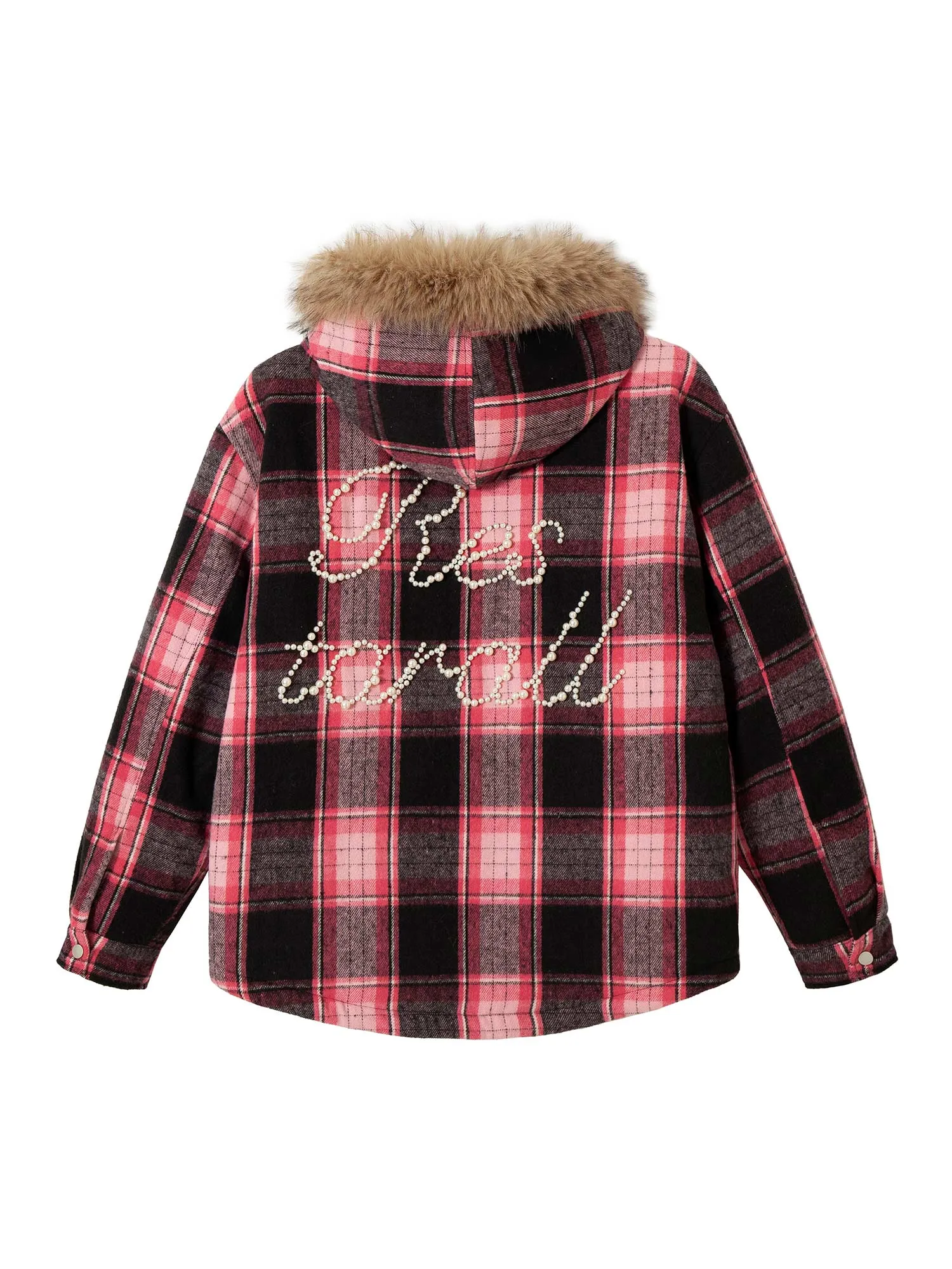 Thesupermade Beaded Fur Collar Padded Plaid Jacket