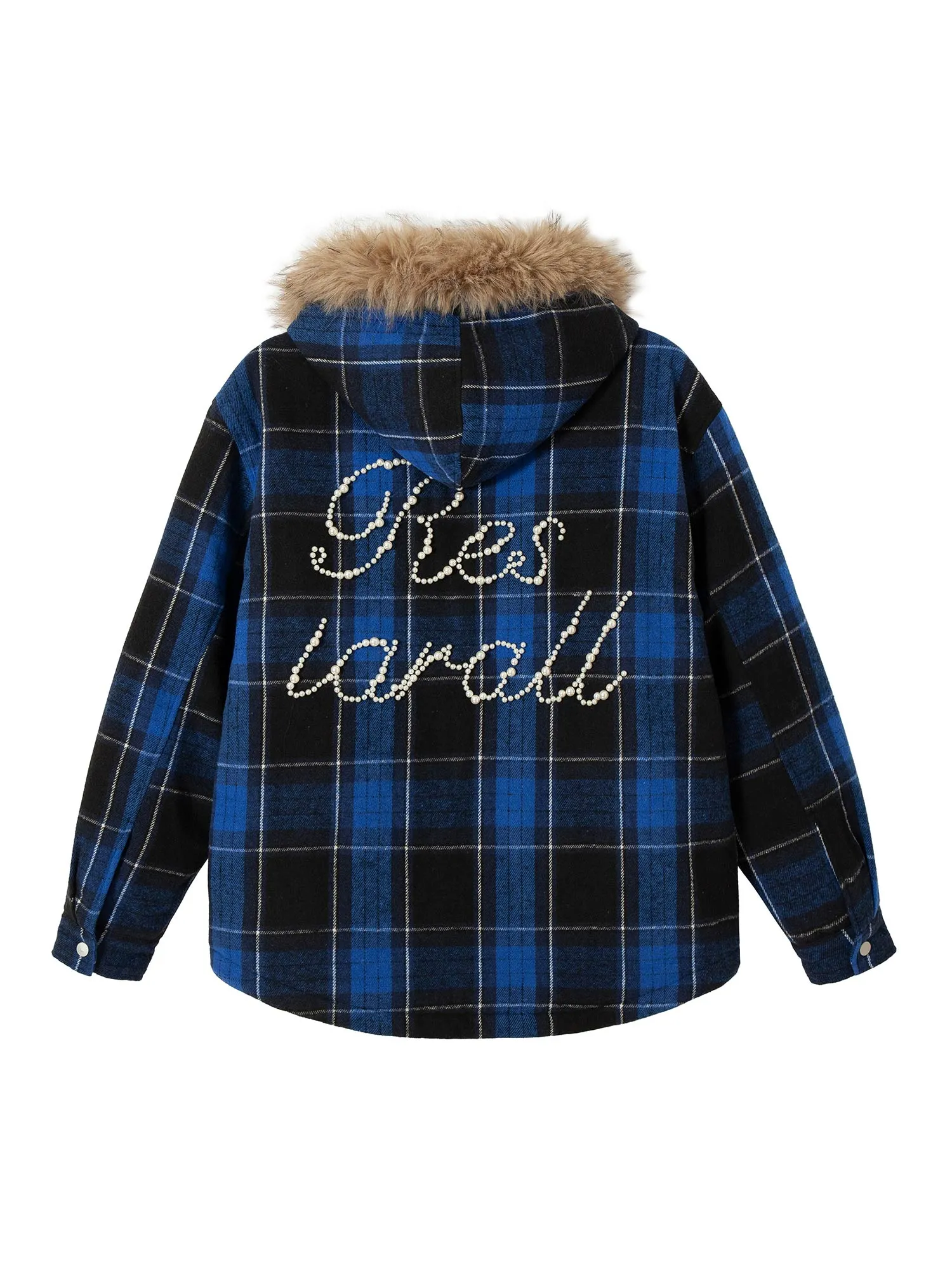 Thesupermade Beaded Fur Collar Padded Plaid Jacket