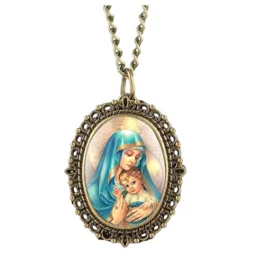 Virgin Mary Embraces A Child Vintage Style Antique Bronze Oval Pocket Watch Necklace for Women