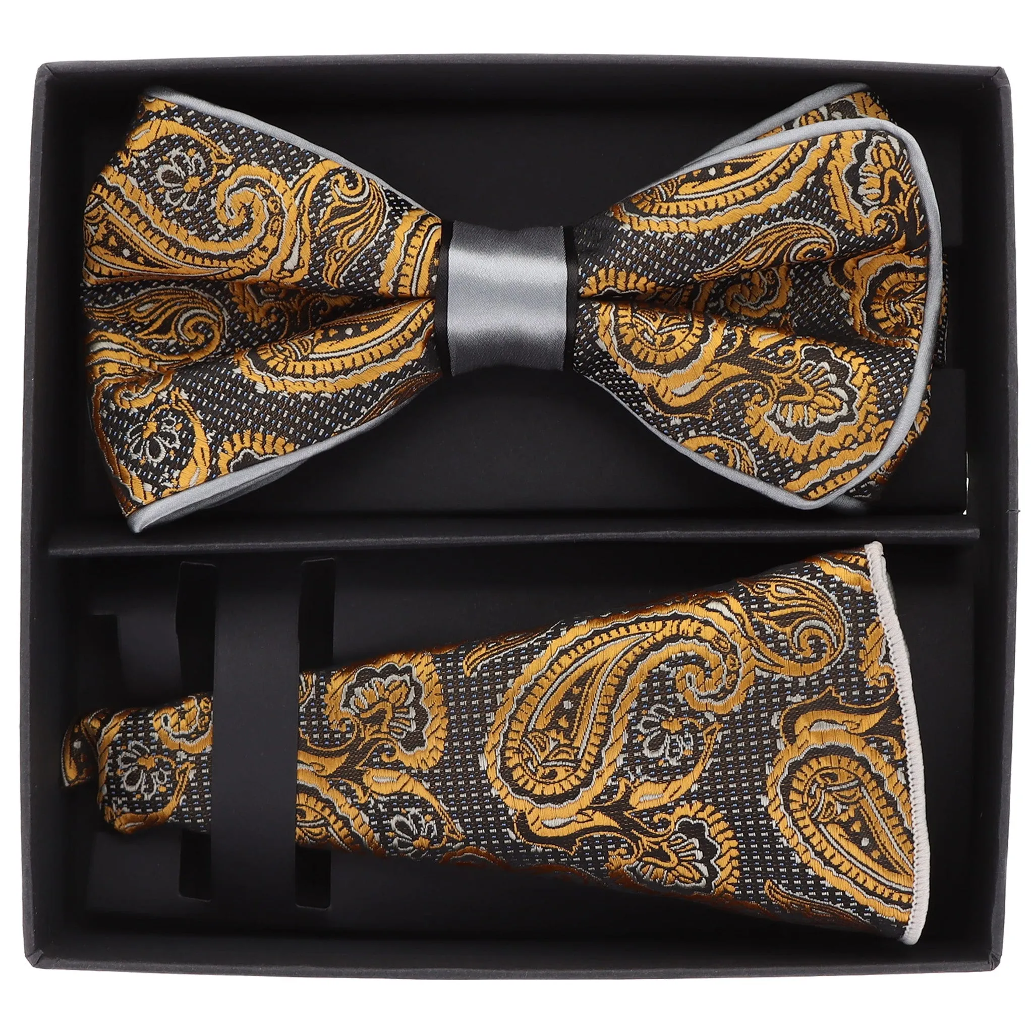 Vittorio Farina Men's Piping Design Bow Tie & Round Pocket Square in Gift Box