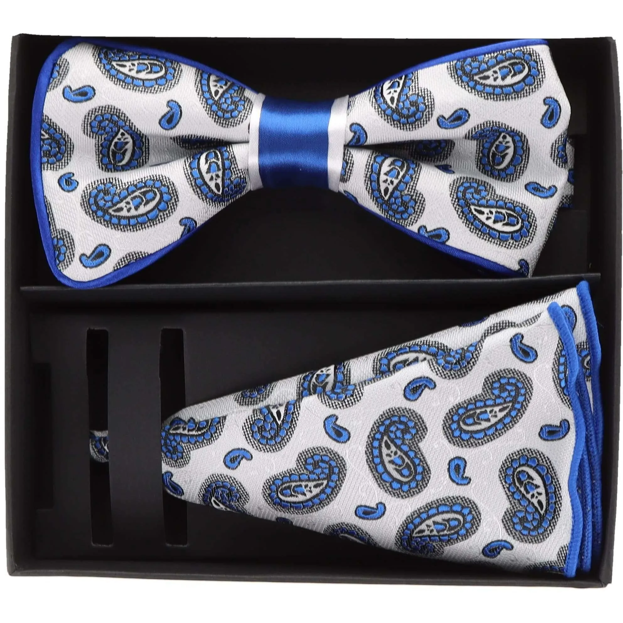 Vittorio Farina Men's Piping Design Bow Tie & Round Pocket Square in Gift Box