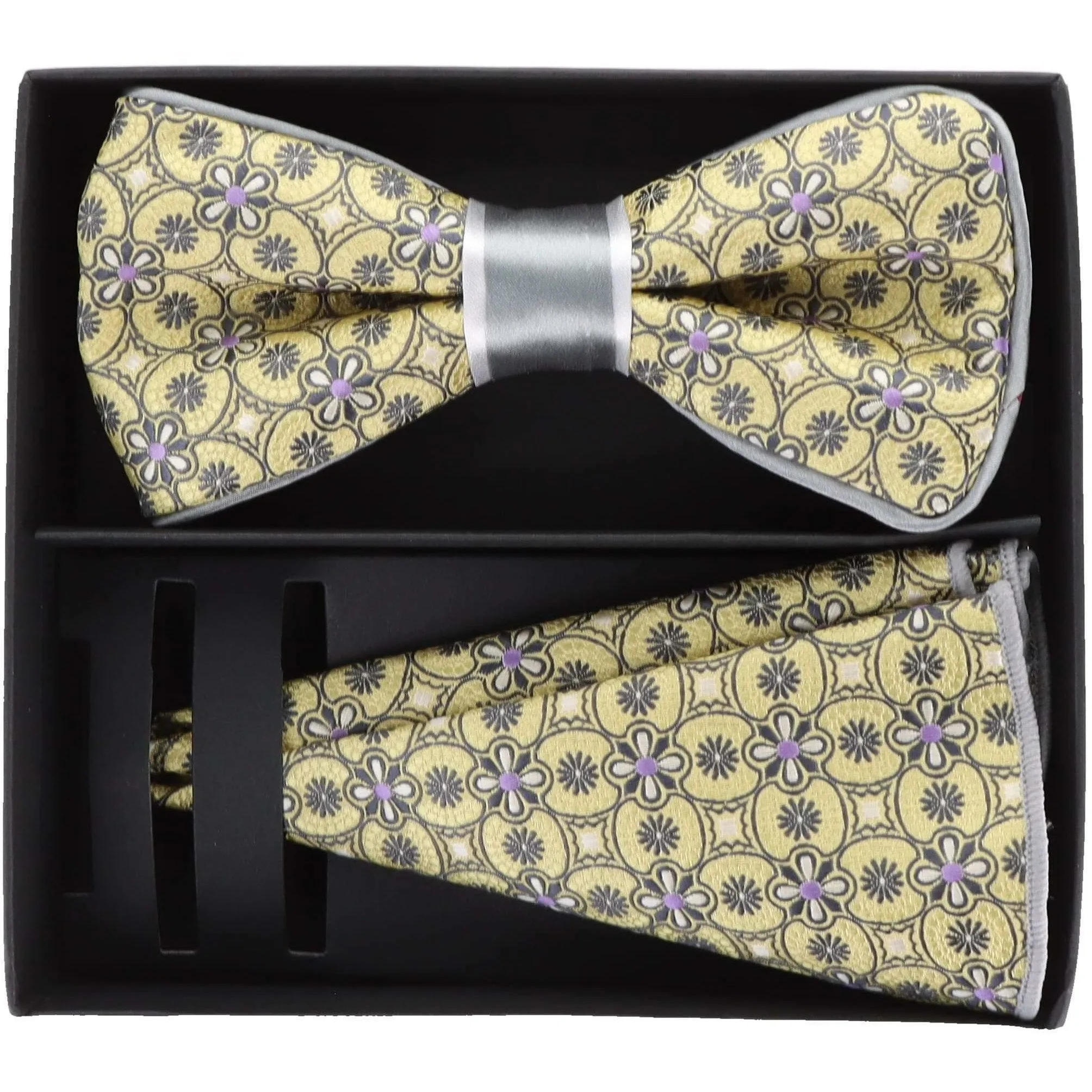 Vittorio Farina Men's Piping Design Bow Tie & Round Pocket Square in Gift Box