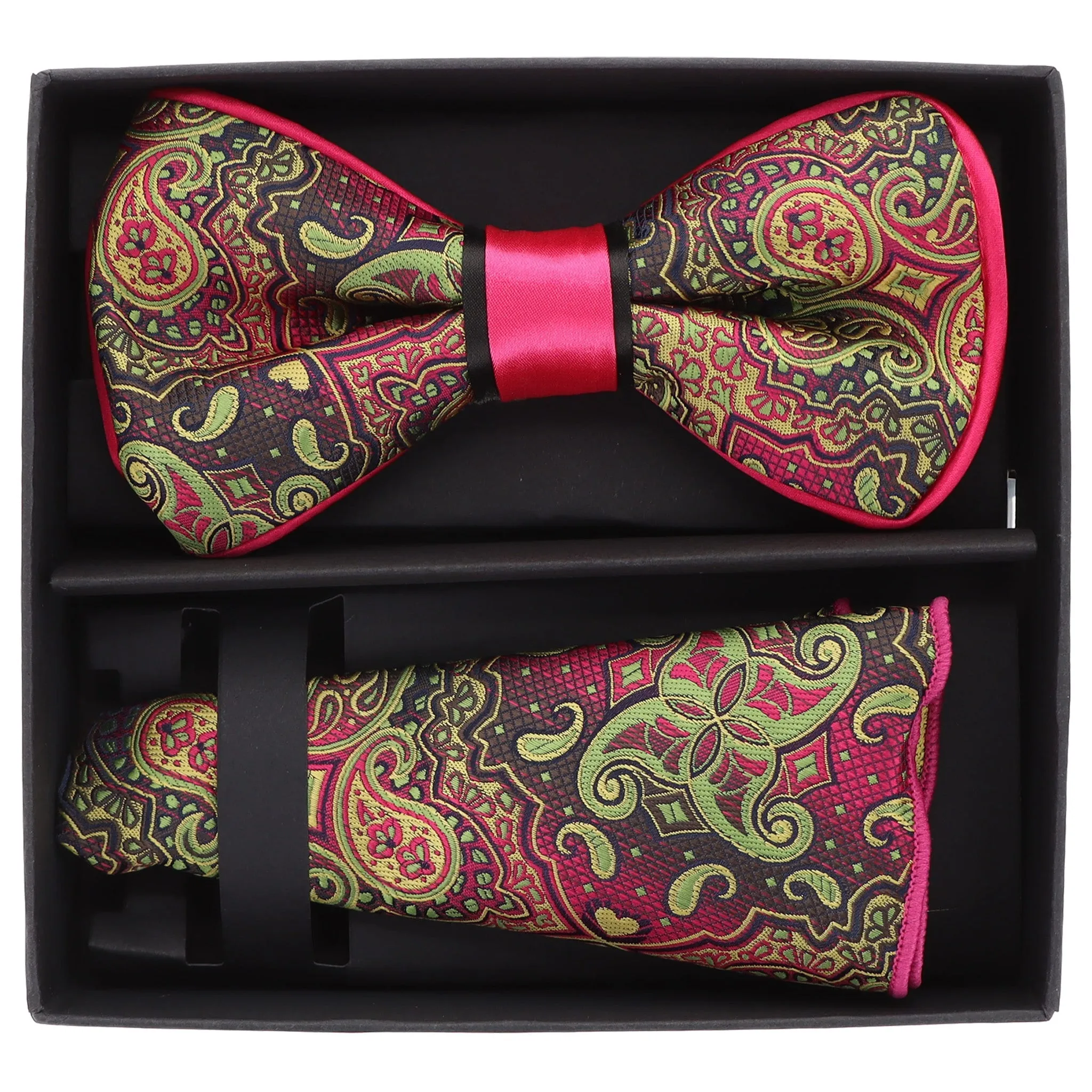 Vittorio Farina Men's Piping Design Bow Tie & Round Pocket Square in Gift Box