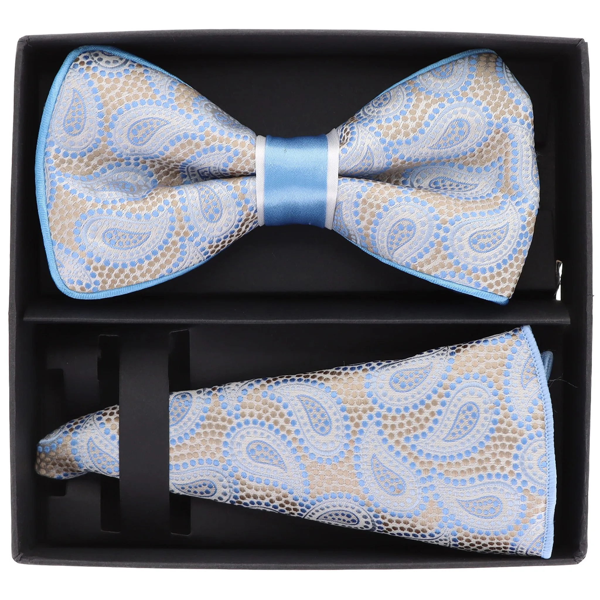 Vittorio Farina Men's Piping Design Bow Tie & Round Pocket Square in Gift Box