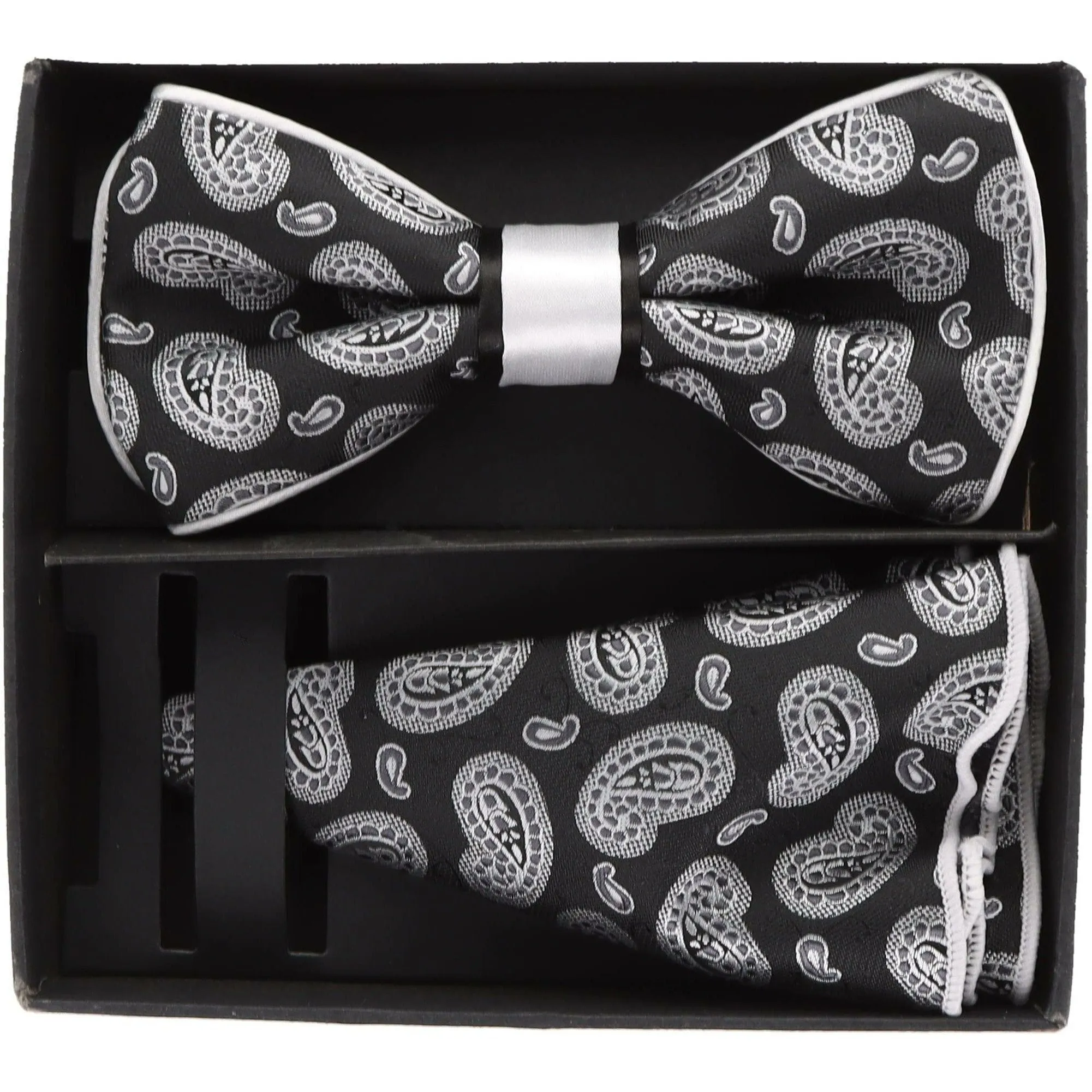 Vittorio Farina Men's Piping Design Bow Tie & Round Pocket Square in Gift Box