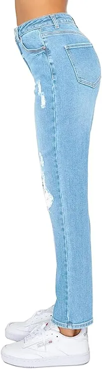 wax jean Women's Mom Jean with Blown Out Knee