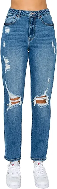 wax jean Women's Mom Jean with Blown Out Knee