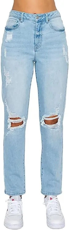 wax jean Women's Mom Jean with Blown Out Knee