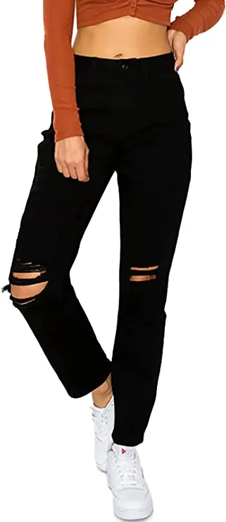 wax jean Women's Mom Jean with Blown Out Knee