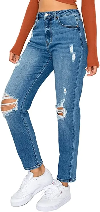 wax jean Women's Mom Jean with Blown Out Knee