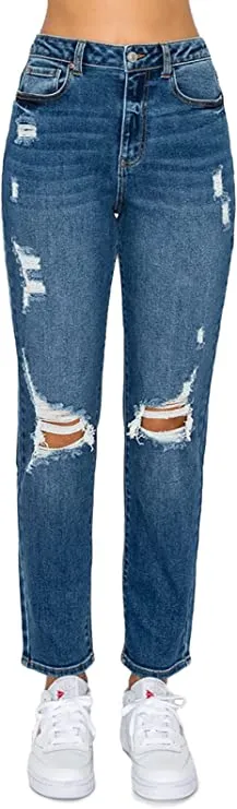 wax jean Women's Mom Jean with Blown Out Knee