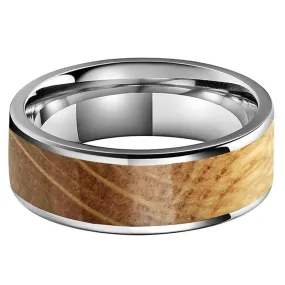 Whiskey Barrel Oak Flat Inlay & Silver Tungsten Ring (8mm)