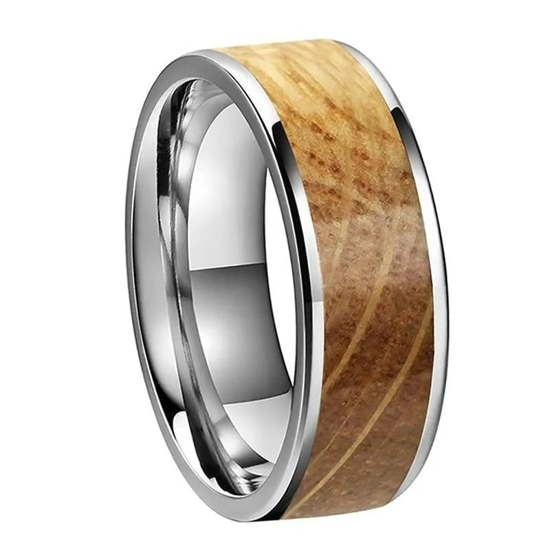 Whiskey Barrel Oak Flat Inlay & Silver Tungsten Ring (8mm)